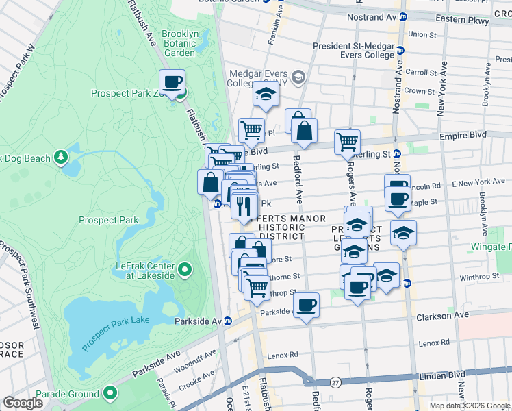 map of restaurants, bars, coffee shops, grocery stores, and more near 47 Maple Street in Brooklyn