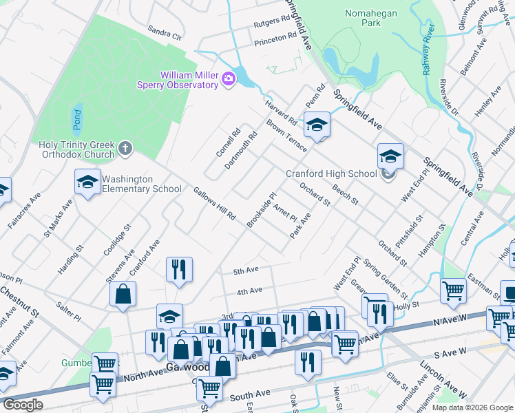map of restaurants, bars, coffee shops, grocery stores, and more near 599 Brookside Place in Cranford