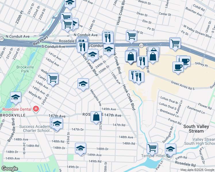 map of restaurants, bars, coffee shops, grocery stores, and more near 253-11 Francis Lewis Boulevard in Queens