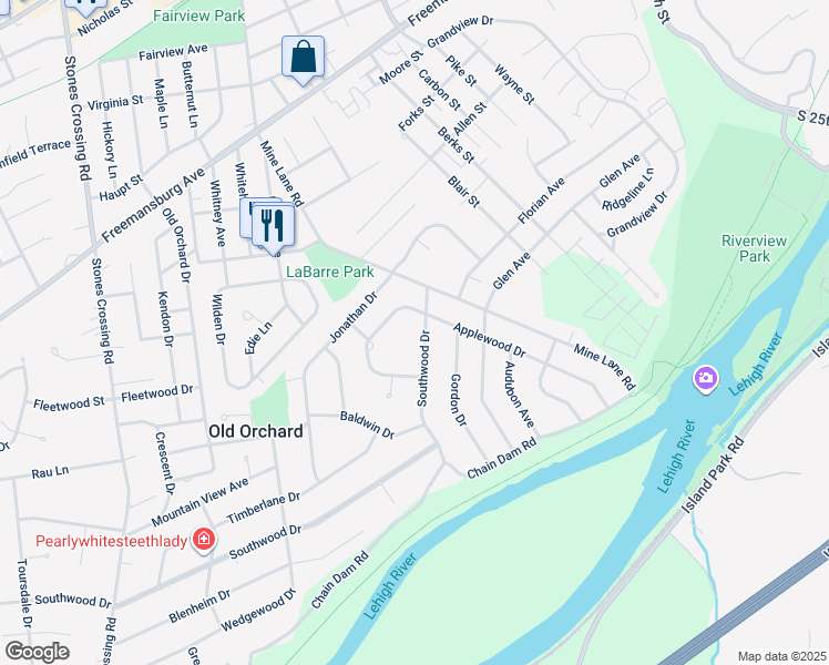 map of restaurants, bars, coffee shops, grocery stores, and more near 3507 Southwood Drive in Easton