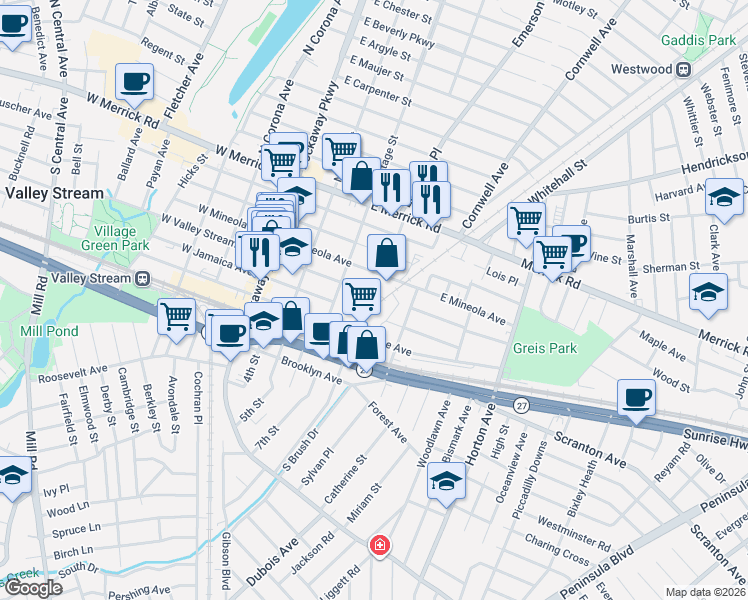 map of restaurants, bars, coffee shops, grocery stores, and more near 100 East Valley Stream Boulevard in Valley Stream