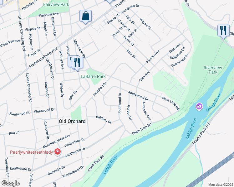 map of restaurants, bars, coffee shops, grocery stores, and more near 3507 Southwood Drive in Easton