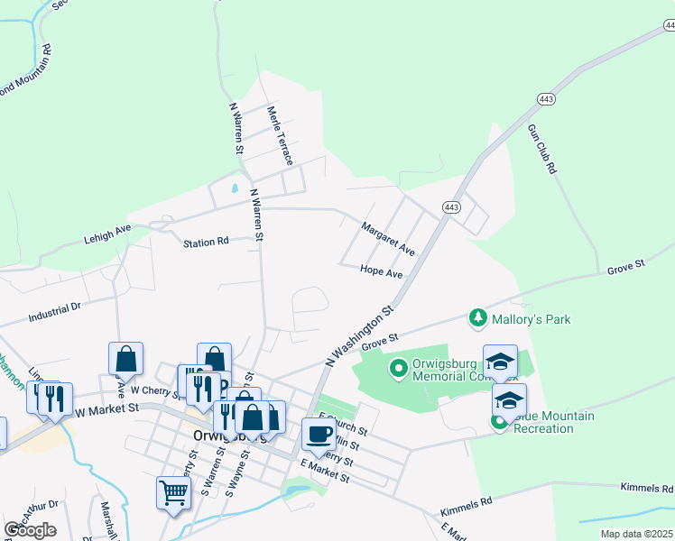 map of restaurants, bars, coffee shops, grocery stores, and more near 630 Hope Avenue in Orwigsburg