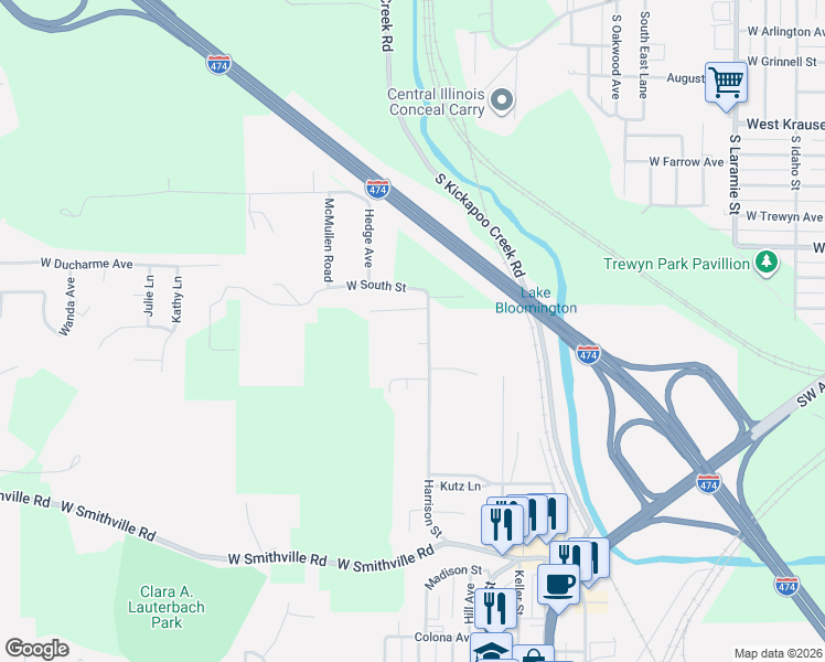 map of restaurants, bars, coffee shops, grocery stores, and more near 309 Harrison Street in Bartonville