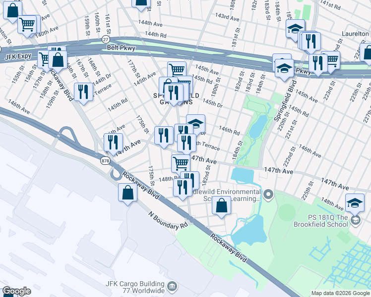 map of restaurants, bars, coffee shops, grocery stores, and more near 178-23 147th Avenue in Queens