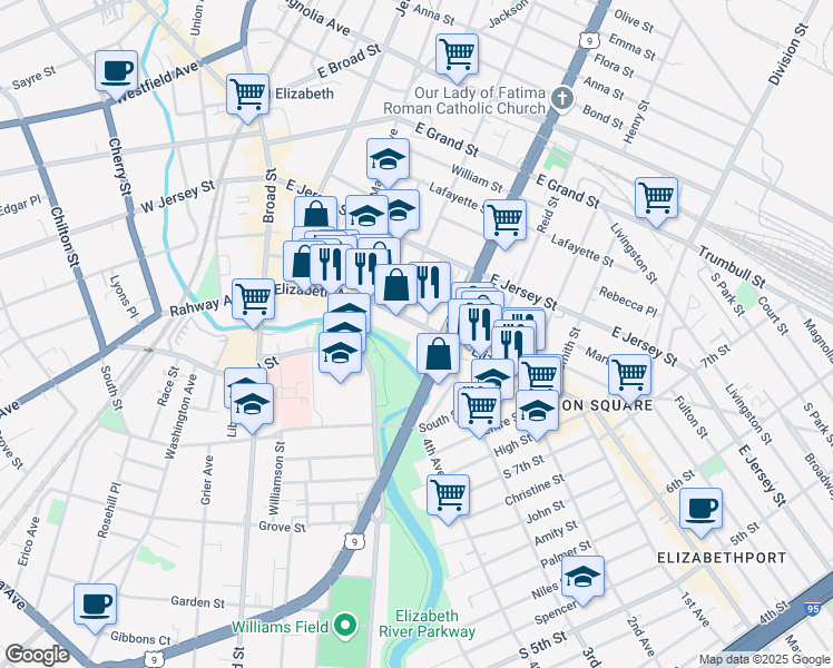 map of restaurants, bars, coffee shops, grocery stores, and more near 1040 Elizabeth Avenue in Elizabeth