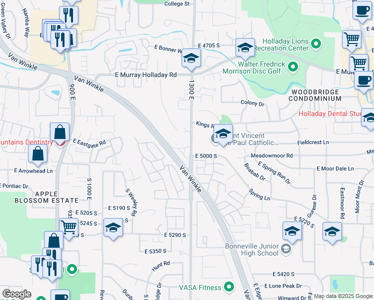 map of restaurants, bars, coffee shops, grocery stores, and more near 4985 Kiska Lane in Salt Lake City