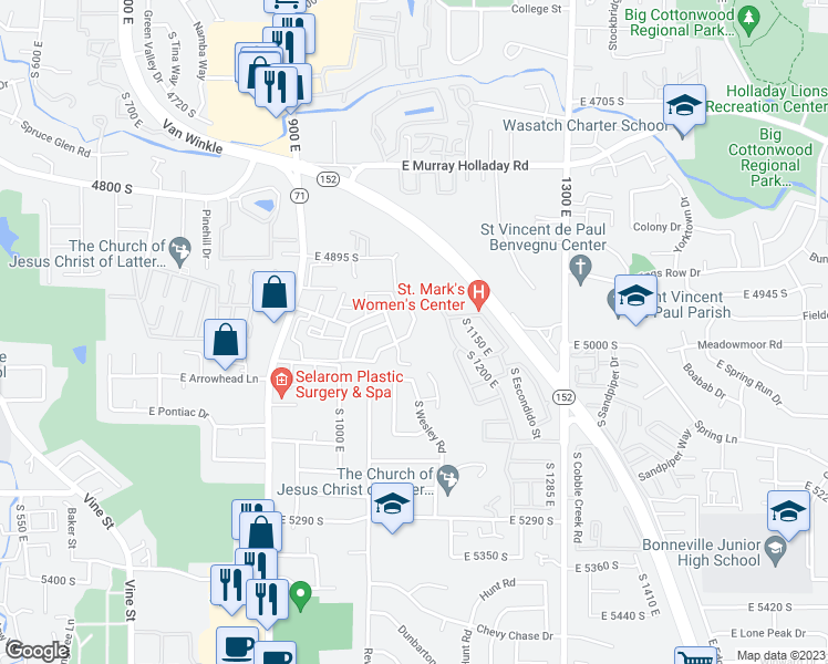 map of restaurants, bars, coffee shops, grocery stores, and more near 4999 South Beaverbrook Lane in Salt Lake City
