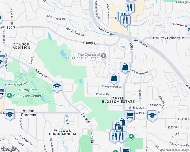 map of restaurants, bars, coffee shops, grocery stores, and more near 5070 Arrowhead Circle in Murray