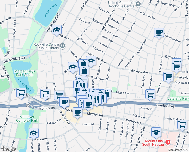 map of restaurants, bars, coffee shops, grocery stores, and more near 76 Grand Avenue in Rockville Centre