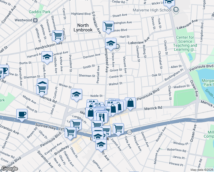 map of restaurants, bars, coffee shops, grocery stores, and more near 103 Hempstead Avenue in Lynbrook