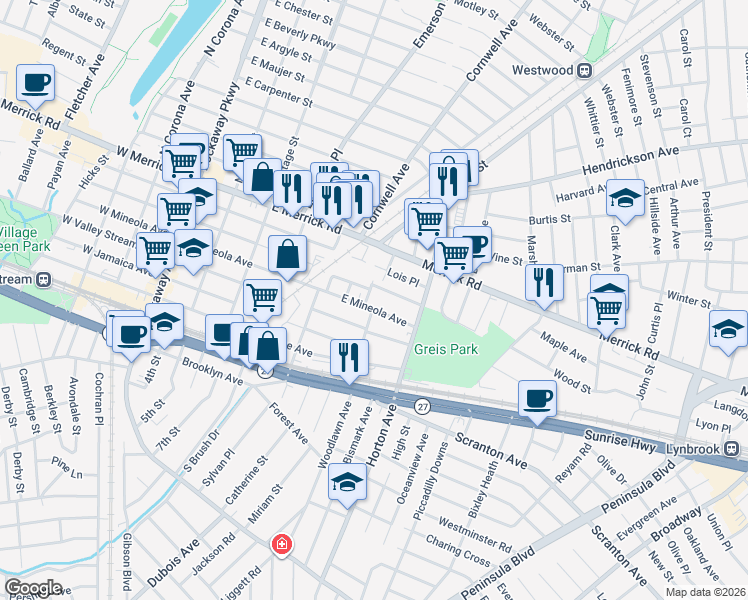 map of restaurants, bars, coffee shops, grocery stores, and more near 207 East Mineola Avenue in Valley Stream