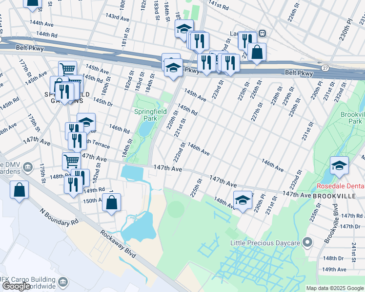 map of restaurants, bars, coffee shops, grocery stores, and more near 146-16 223rd Street in Queens