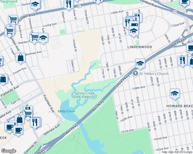 map of restaurants, bars, coffee shops, grocery stores, and more near 156-48 76th Street in Queens