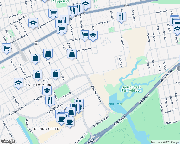 map of restaurants, bars, coffee shops, grocery stores, and more near 12715 Flatlands Avenue in Brooklyn