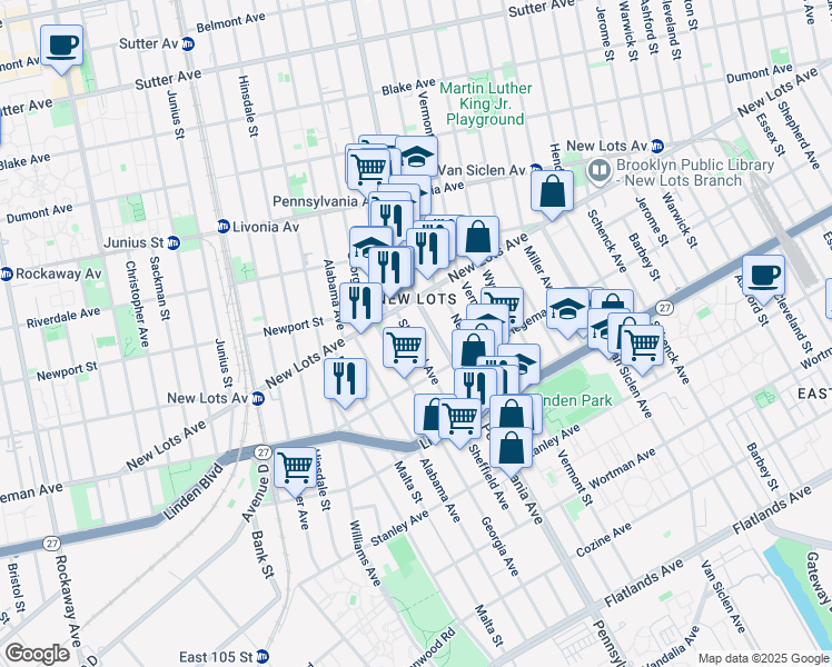 map of restaurants, bars, coffee shops, grocery stores, and more near 681 Sheffield Avenue in Brooklyn