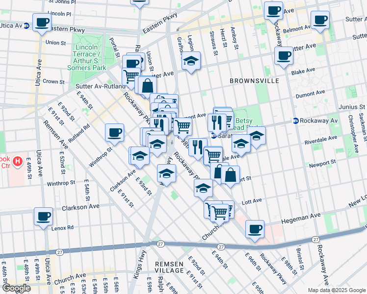 map of restaurants, bars, coffee shops, grocery stores, and more near 268 East 98th Street in Brooklyn