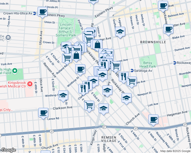 map of restaurants, bars, coffee shops, grocery stores, and more near 9517 Kings Highway in Brooklyn