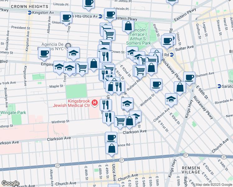 map of restaurants, bars, coffee shops, grocery stores, and more near 66 East 51st Street in Brooklyn