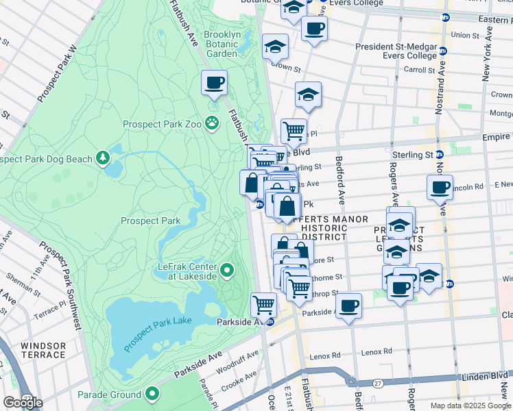 map of restaurants, bars, coffee shops, grocery stores, and more near 115 Ocean Avenue in Brooklyn