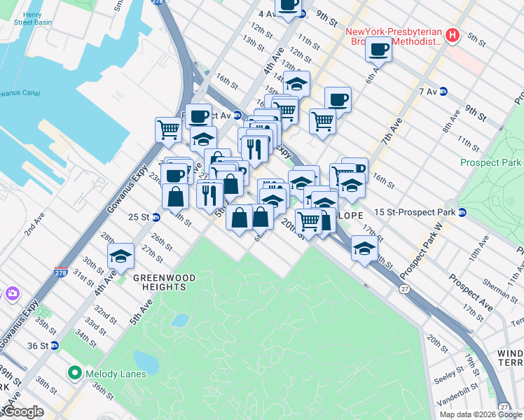 map of restaurants, bars, coffee shops, grocery stores, and more near 283 21st Street in Brooklyn