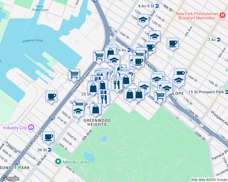map of restaurants, bars, coffee shops, grocery stores, and more near 229 23rd Street in Brooklyn