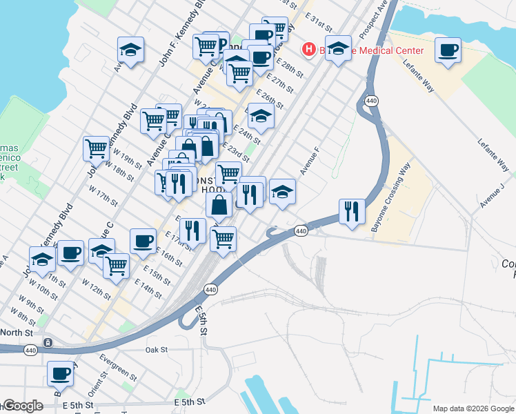 map of restaurants, bars, coffee shops, grocery stores, and more near 103 Avenue F in Bayonne