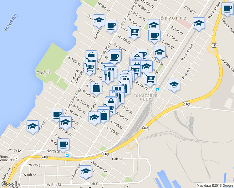 map of restaurants, bars, coffee shops, grocery stores, and more near 24 Andrew Street in Bayonne