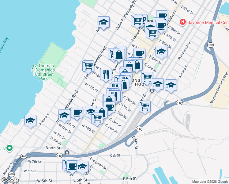 map of restaurants, bars, coffee shops, grocery stores, and more near 24 Andrew Street in Bayonne