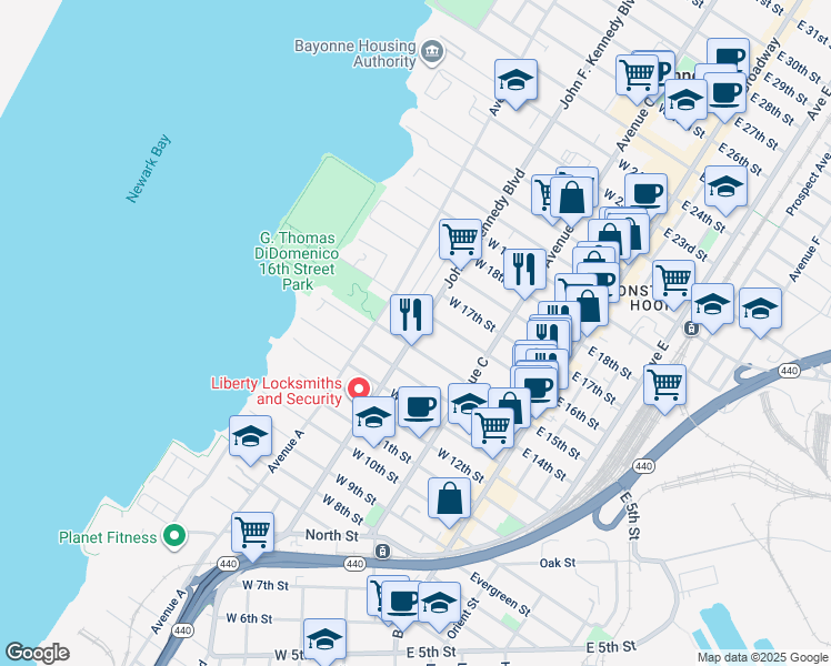 map of restaurants, bars, coffee shops, grocery stores, and more near 97 West 15th Street in Bayonne