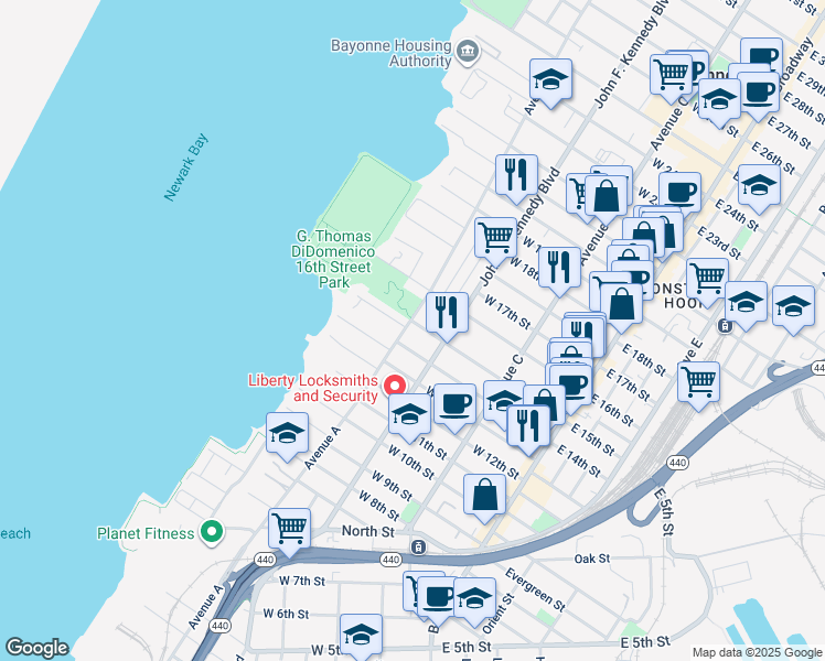 map of restaurants, bars, coffee shops, grocery stores, and more near 118 West 15th Street in Bayonne