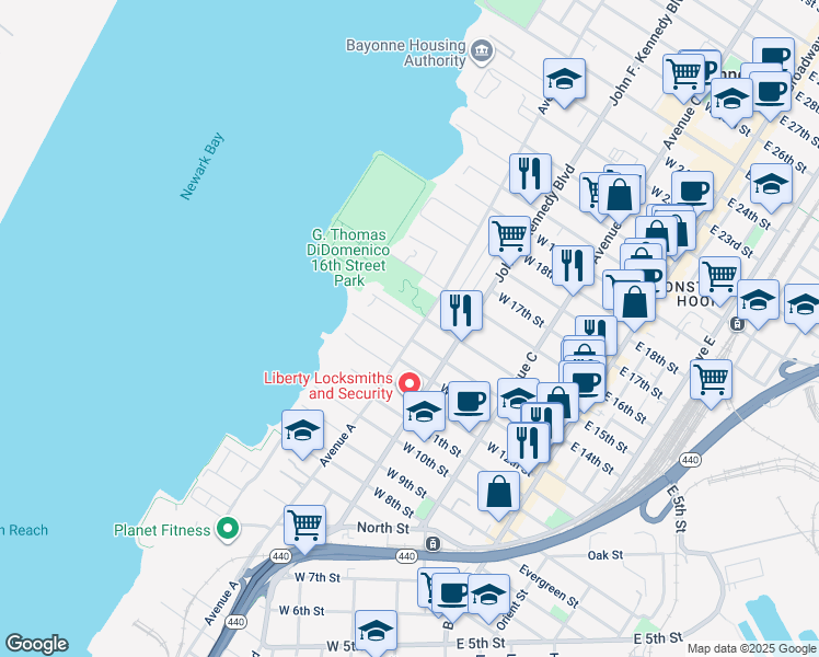 map of restaurants, bars, coffee shops, grocery stores, and more near 351 Avenue A in Bayonne