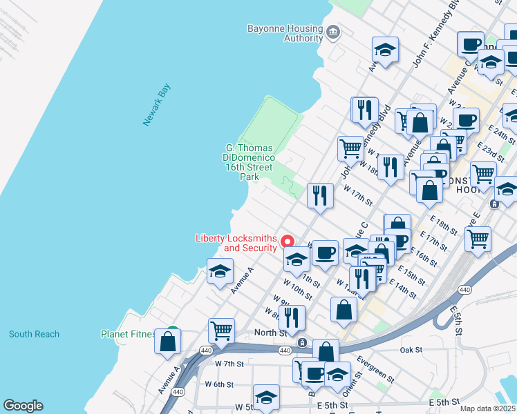 map of restaurants, bars, coffee shops, grocery stores, and more near 31 Edwards Court in Bayonne