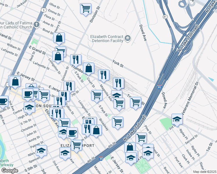 map of restaurants, bars, coffee shops, grocery stores, and more near 615 Magnolia Avenue in Elizabeth