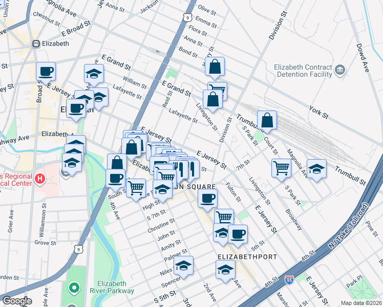 map of restaurants, bars, coffee shops, grocery stores, and more near 840 East Jersey Street in Elizabeth