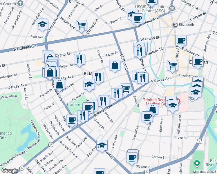 map of restaurants, bars, coffee shops, grocery stores, and more near 32 Dehart Place in Elizabeth