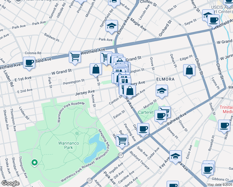 map of restaurants, bars, coffee shops, grocery stores, and more near 711 Canton Street in Elizabeth