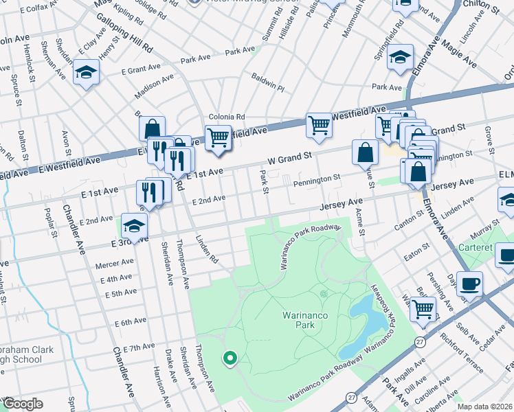map of restaurants, bars, coffee shops, grocery stores, and more near 731 East 3rd Avenue in Roselle