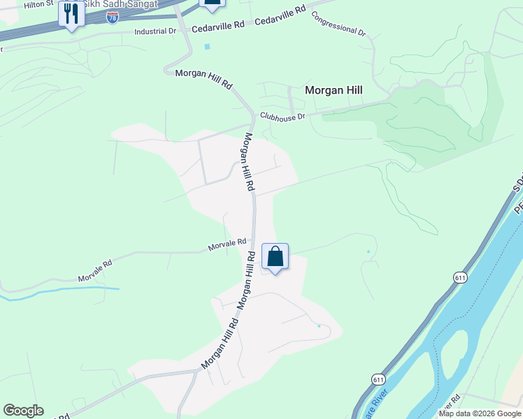 map of restaurants, bars, coffee shops, grocery stores, and more near 1265 Morgan Hill Road in Easton