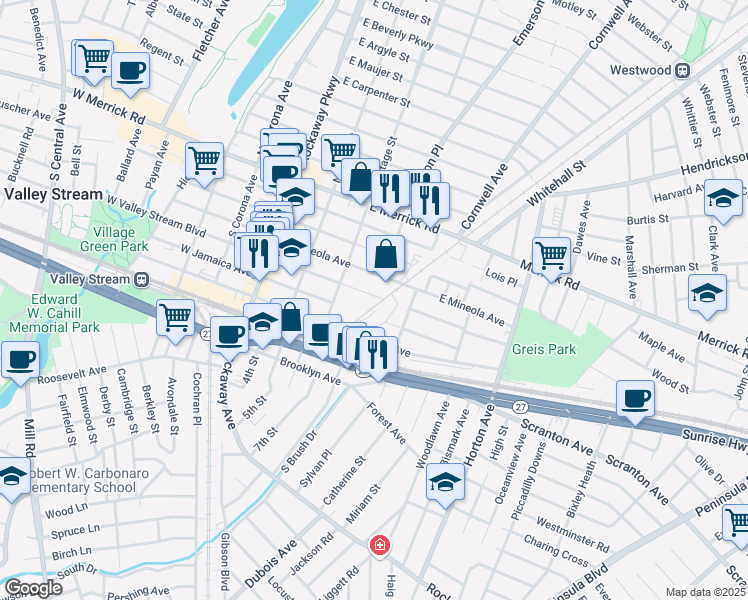map of restaurants, bars, coffee shops, grocery stores, and more near 100 East Valley Stream Boulevard in Valley Stream