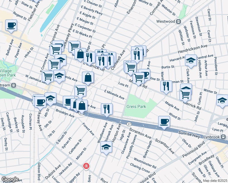 map of restaurants, bars, coffee shops, grocery stores, and more near 207 East Mineola Avenue in Valley Stream
