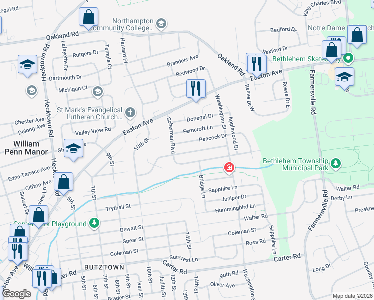 map of restaurants, bars, coffee shops, grocery stores, and more near 3904 Tamarind Drive in Bethlehem