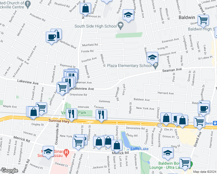 map of restaurants, bars, coffee shops, grocery stores, and more near 651 Lakeview Avenue in Rockville Centre