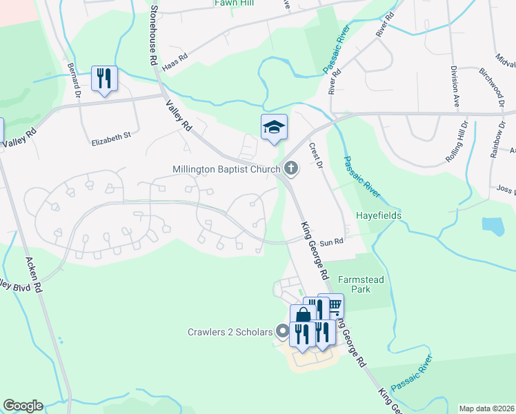 map of restaurants, bars, coffee shops, grocery stores, and more near 61 Commonwealth Drive in Basking Ridge