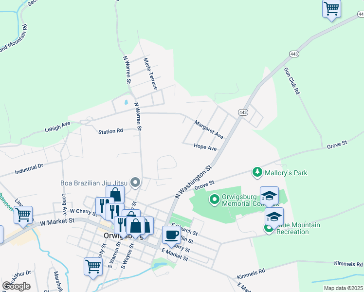 map of restaurants, bars, coffee shops, grocery stores, and more near 630 Hope Avenue in Orwigsburg