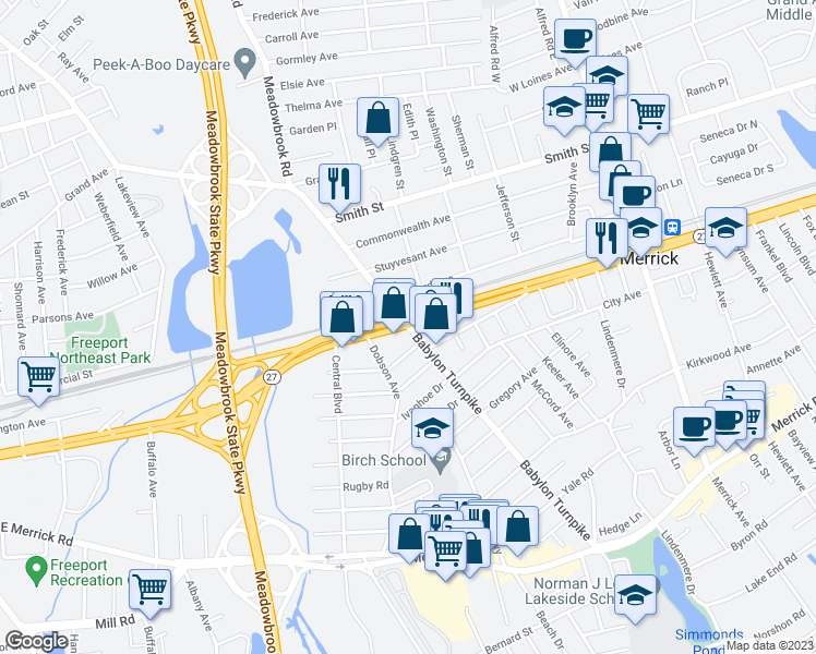 map of restaurants, bars, coffee shops, grocery stores, and more near 253 Sunrise Highway in Merrick