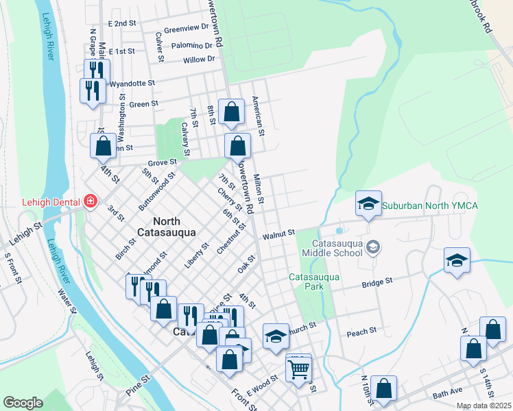 map of restaurants, bars, coffee shops, grocery stores, and more near 1041 Howertown Road in Catasauqua