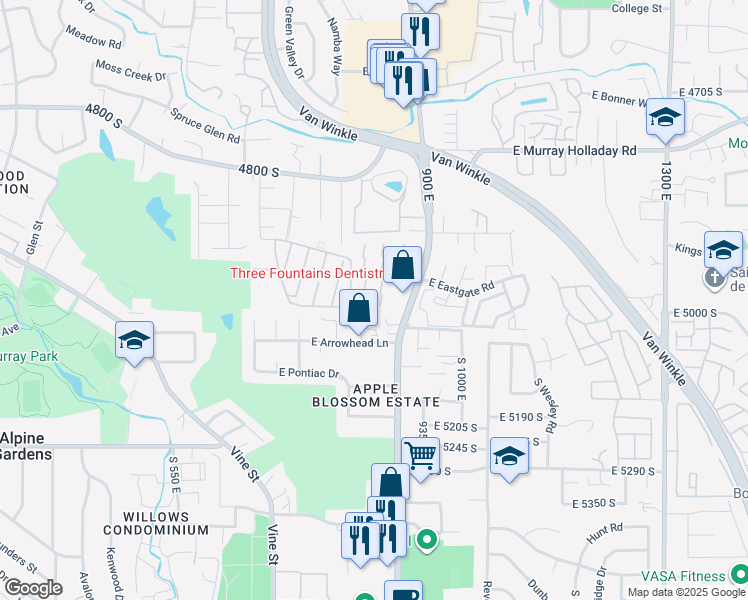map of restaurants, bars, coffee shops, grocery stores, and more near 862 East Three Fountains Drive in Murray