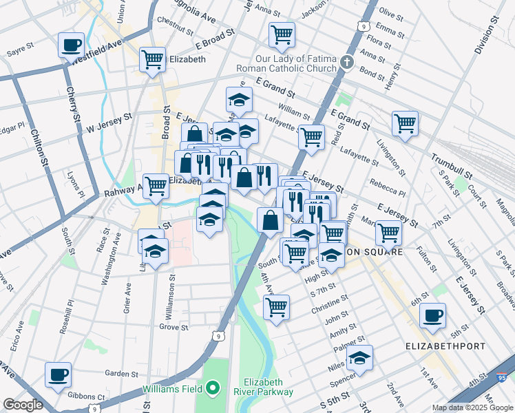 map of restaurants, bars, coffee shops, grocery stores, and more near 1040 Elizabeth Avenue in Elizabeth