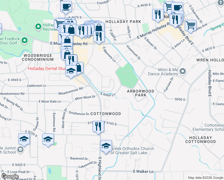 map of restaurants, bars, coffee shops, grocery stores, and more near 2029 East Arbor Lane in Holladay